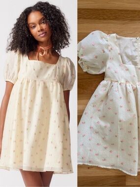 Organza Babydoll Mini Dress with Pink Floral Accents - US 2